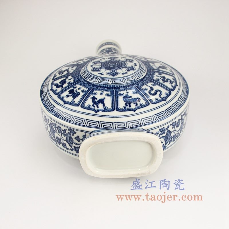 盛江陶瓷 仿古青花缠枝十二生肖双耳抱月瓶