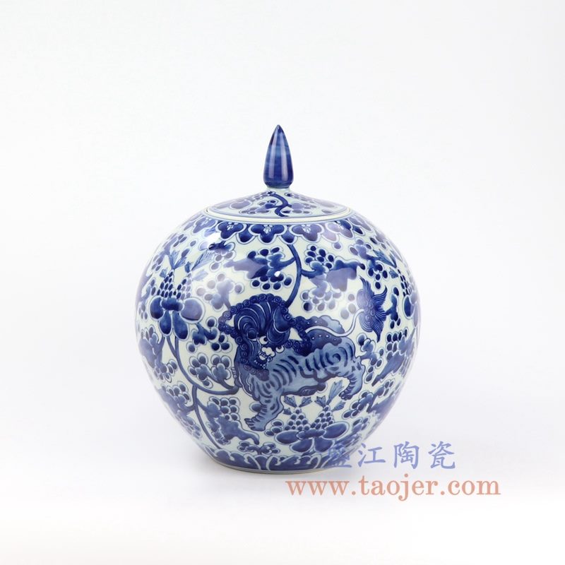 盛江陶瓷 仿古手绘青花狮子纹尖顶苹果罐 盖罐 储物罐