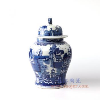 RYLU157-景德镇陶瓷 仿古纯手工手绘青花山水建筑狮子头将军罐 盖罐 储物罐