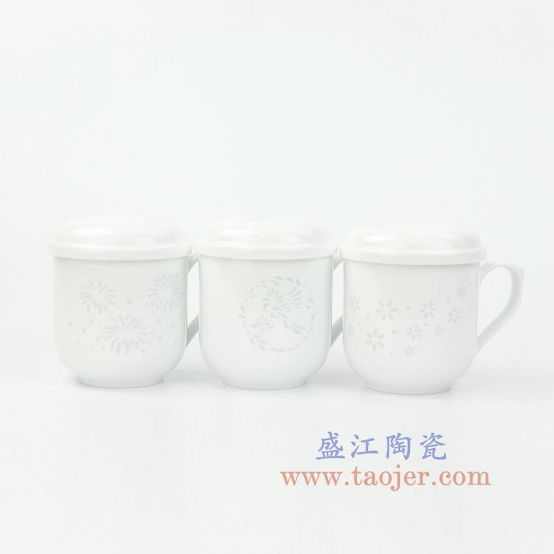 盛江陶瓷 玲珑镂空过滤带盖手柄办公会议茶杯子