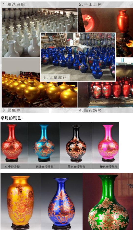 景德镇盛江陶瓷 金沙红水晶釉花开富贵牡丹花生产过程和常用颜色