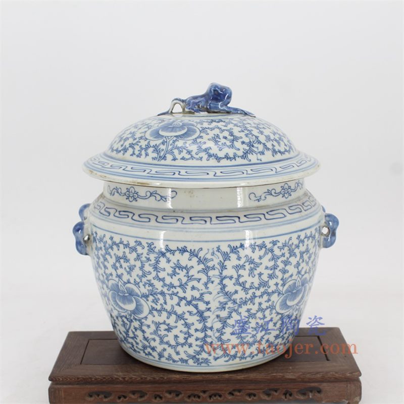RYVM36 盛江陶瓷 仿古做旧青花蟾蜍盖缸 玄关博古架摆件摆设