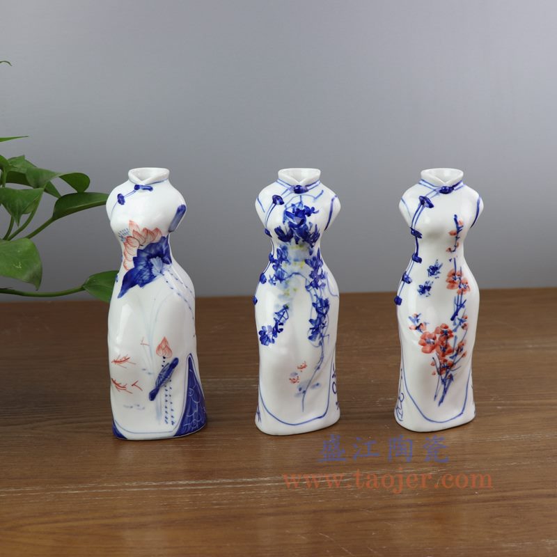 上图：RYBZ165-盛江陶瓷  手绘青花旗袍陶瓷小花插花瓶 组合
