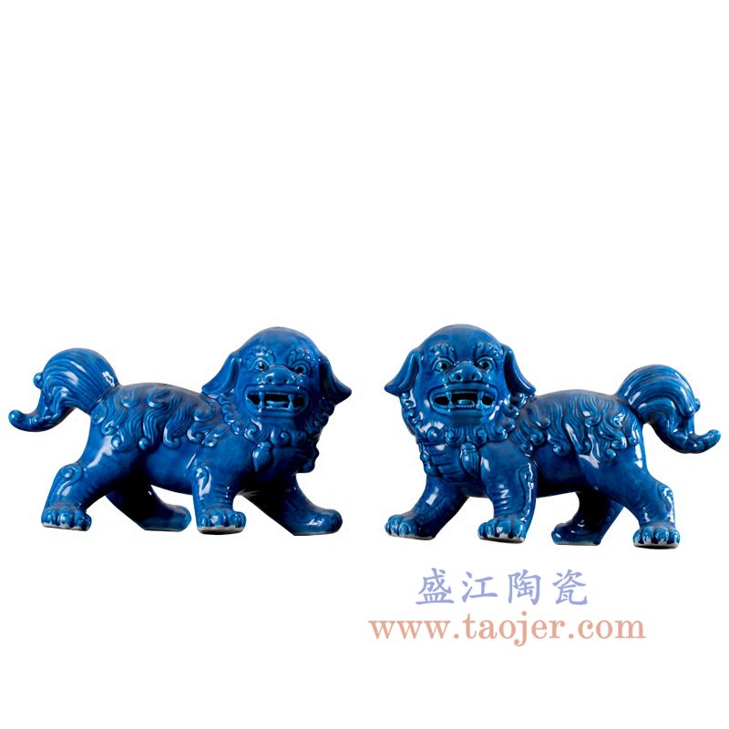 RYPU50-A 盛江陶瓷 高温瓷低温颜色釉 仿古纯手工祭兰色 雕刻对狮 狮子狗摆件 