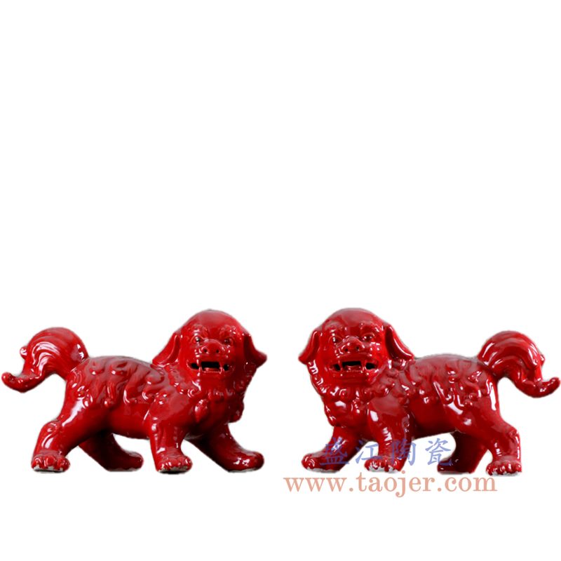 RYPU50-B 盛江陶瓷 高温瓷低温颜色釉 仿古纯手工 红色 雕刻对狮 狮子狗摆件 