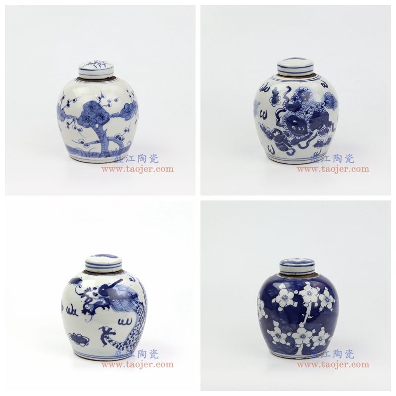 上图:RZKT10 盛江陶瓷 仿古 手工手绘 青花 陶瓷罐 盖罐 储物罐 组合