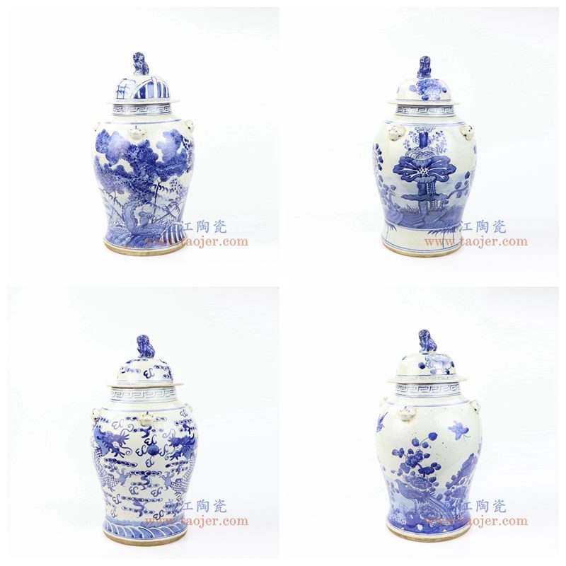 上图：RZMV30-33 盛江陶瓷 仿古手工手绘 青花狮子头将军罐 盖罐 储物罐 组合 