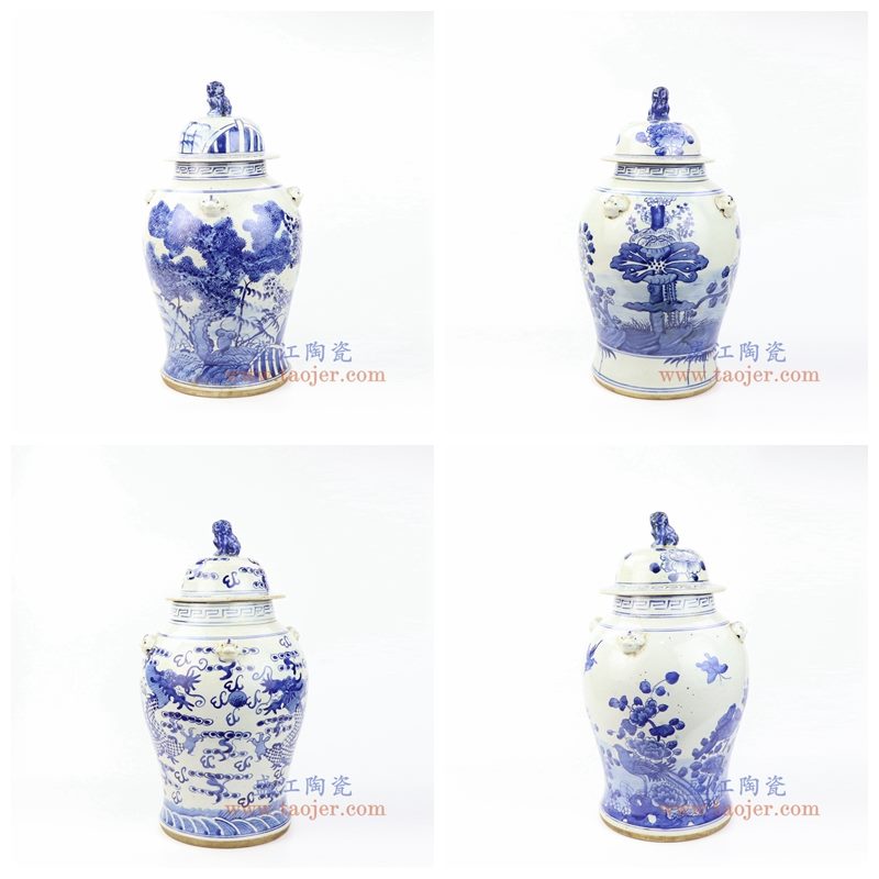 上图:RZMV30-33 盛江陶瓷 仿古手工手绘 青花狮子头将军罐 盖罐 储物罐 组合