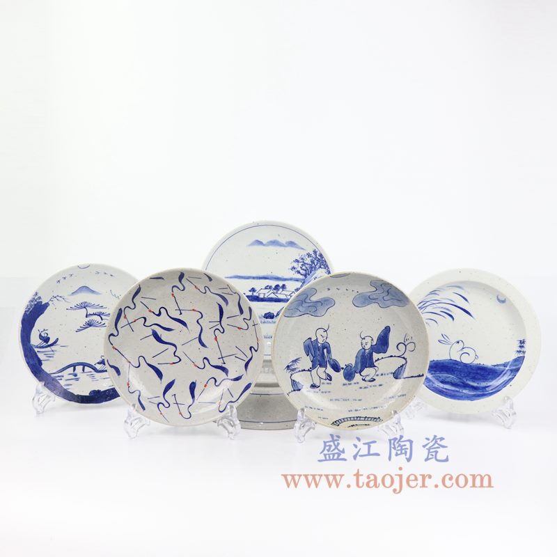 上图:RZOQ01 盛江陶瓷 仿古手绘青花瓷盘 摆盘 挂盘 赏盘 组合