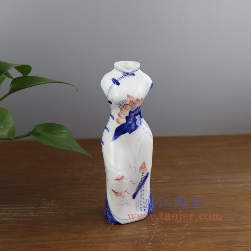 上图:RYBZ165-A 盛江陶瓷 手绘青花旗袍陶瓷小花插花瓶 荷花