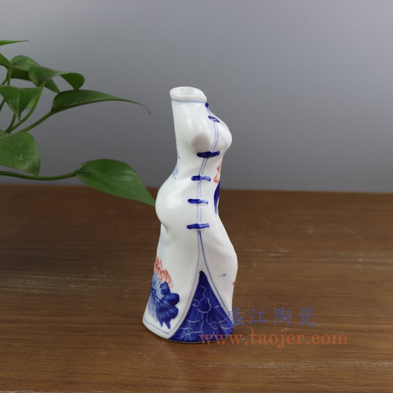 上图:RYBZ165-A 盛江陶瓷 手绘青花旗袍陶瓷小花插花瓶 荷花