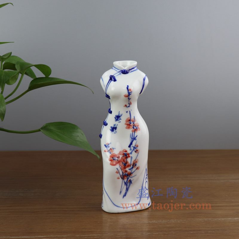 上图:RYBZ165-B 盛江陶瓷 手绘青花旗袍陶瓷小花插花瓶 梅花