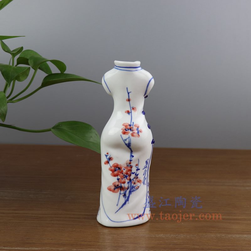 上图:RYBZ165-B 盛江陶瓷 手绘青花旗袍陶瓷小花插花瓶 梅花