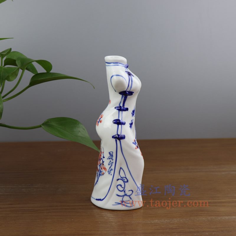 上图：RYBZ165-B 盛江陶瓷  手绘青花旗袍陶瓷小花插花瓶 梅花