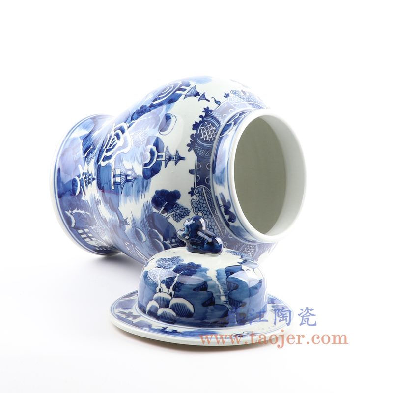 盛江陶瓷 仿古纯手工手绘青花山水建筑狮子头将军罐 盖罐 储物罐