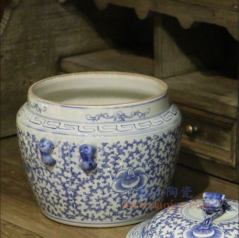 RYVM36 盛江陶瓷 仿古做旧青花蟾蜍盖缸 玄关博古架摆件摆设