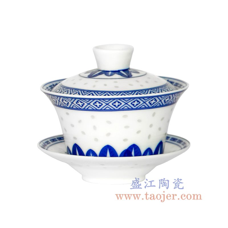 盛江陶瓷 纯手工 青花玲珑盖碗