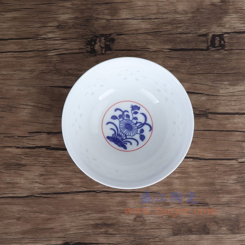 盛江陶瓷 青花釉里红玲珑高脚碗