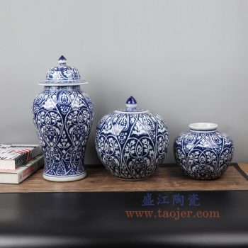 RYZS56-景德镇陶瓷 纯手工蓝底青花将军罐 西瓜罐 苹果罐 盖罐 储物罐