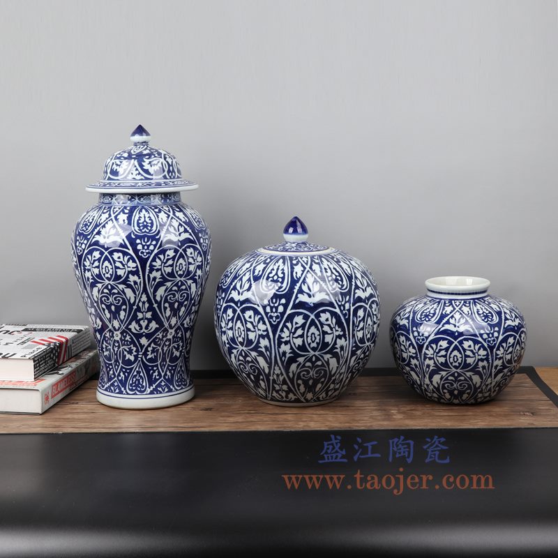 盛江陶瓷 纯手工蓝底青花将军罐 西瓜罐 苹果罐 盖罐 储物罐