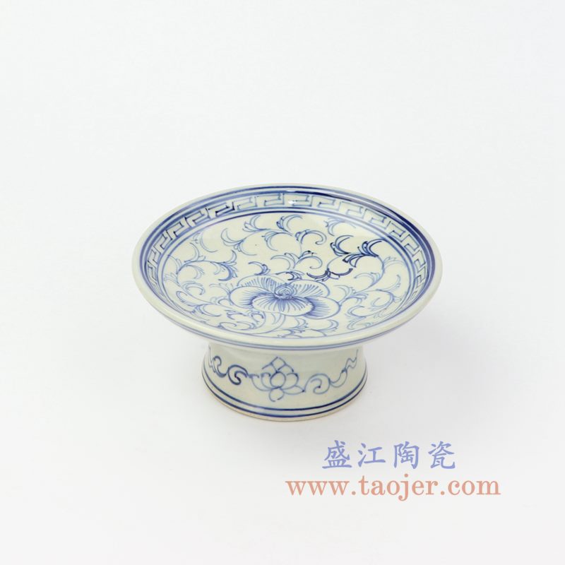上图:RZIQ11-A 盛江陶瓷 仿古做旧手绘青花缠枝高脚碟
