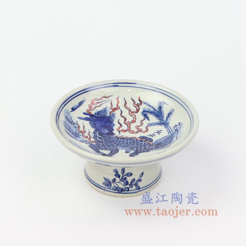 上图：RZIQ11-C 盛江陶瓷 仿古做旧青花釉里红麒麟高脚碟