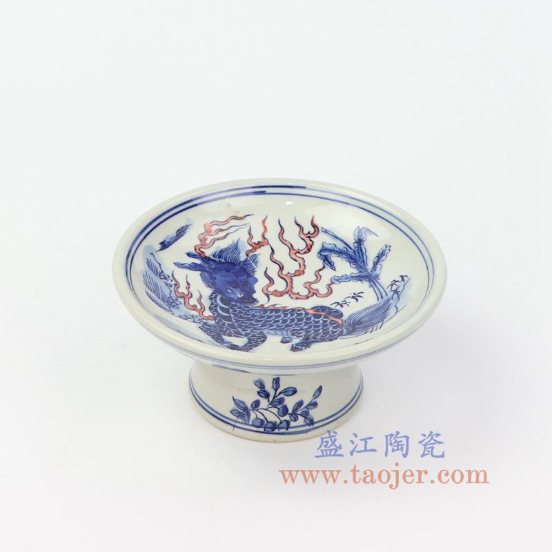 上图:RZIQ11-C 盛江陶瓷 仿古做旧青花釉里红麒麟高脚碟