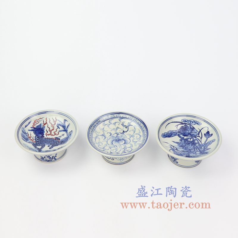 上图：RZIQ11 盛江陶瓷 仿古做旧青花高脚碟