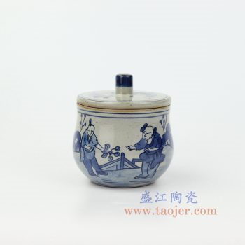 RZIQ16 景德镇陶瓷 仿古做旧青花瓷 人物陶瓷茶叶罐盖罐储物罐