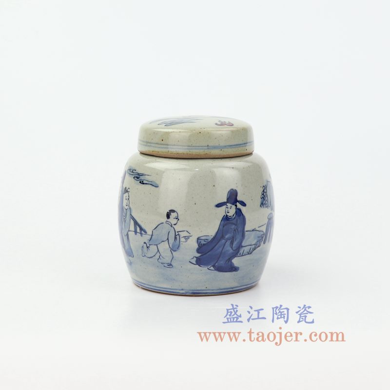 RZIQ17 盛江陶瓷 仿古做旧青花瓷 人物陶瓷茶叶罐盖罐储物罐 