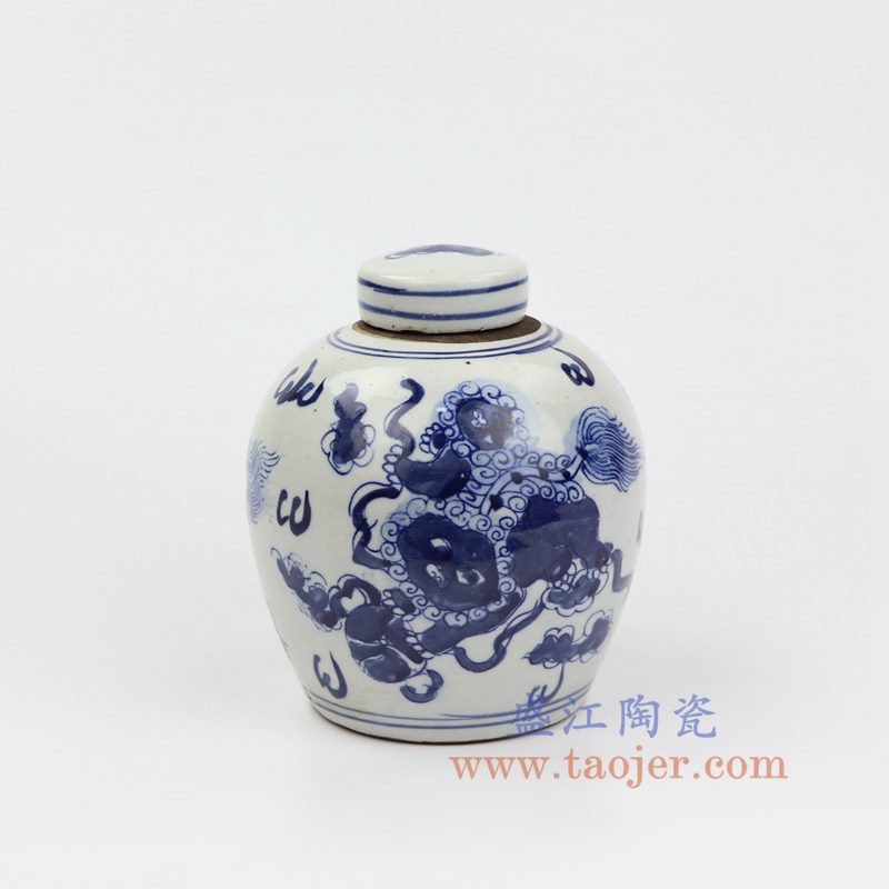 上图：RZKT10-B 盛江陶瓷 仿古 手工手绘 青花 麒麟瑞狮 陶瓷罐 盖罐 储物罐 