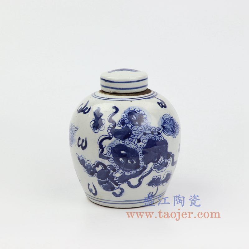 上图:RZKT10-B 盛江陶瓷 仿古 手工手绘 青花 麒麟瑞狮 陶瓷罐 盖罐 储物罐