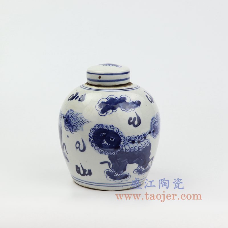 上图:RZKT10-B 盛江陶瓷 仿古 手工手绘 青花 麒麟瑞狮 陶瓷罐 盖罐 储物罐