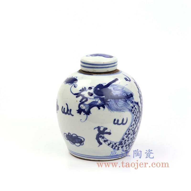 上图:RZKT10-C 盛江陶瓷 仿古 手工手绘 青花 龙纹 陶瓷罐 盖罐 储物罐