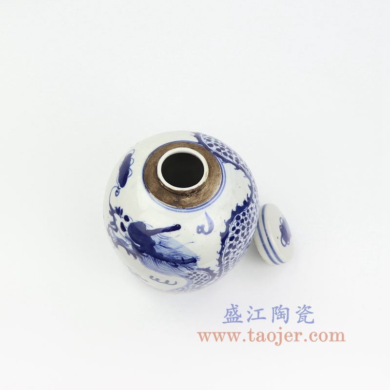 上图:RZKT10-C 盛江陶瓷 仿古 手工手绘 青花 龙纹 陶瓷罐 盖罐 储物罐