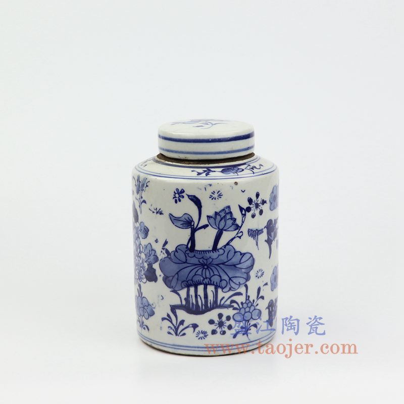 上图:RZKT11-B 盛江陶瓷 仿古 手工手绘 青花 荷花罐 盖罐 储物罐