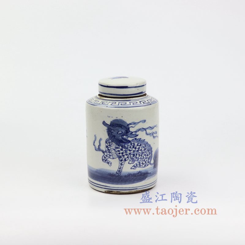 上图:RZKT11-C 盛江陶瓷 仿古 手工手绘 青花 麒麟凤凰 陶瓷 罐 盖罐 储物罐