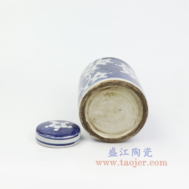 上图:RZKT11-D 盛江陶瓷 仿古 手工手绘 青花 蓝底冰梅陶瓷 罐 盖罐 储物罐