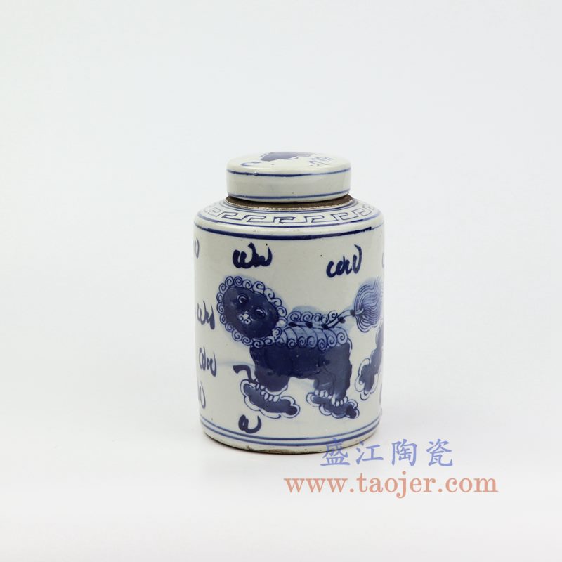 上图:RZKT11-E 盛江陶瓷 仿古 手工手绘 青花 狮子纹 陶瓷 罐 盖罐 储物罐