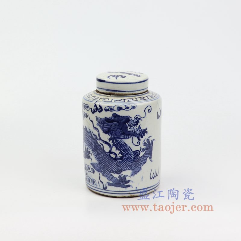 上图:RZKT11-F 盛江陶瓷 仿古 手工手绘 青花 龙纹 陶瓷 罐 盖罐 储物罐