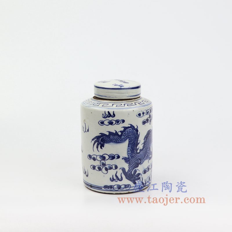 上图:RZKT11-F 盛江陶瓷 仿古 手工手绘 青花 龙纹 陶瓷 罐 盖罐 储物罐
