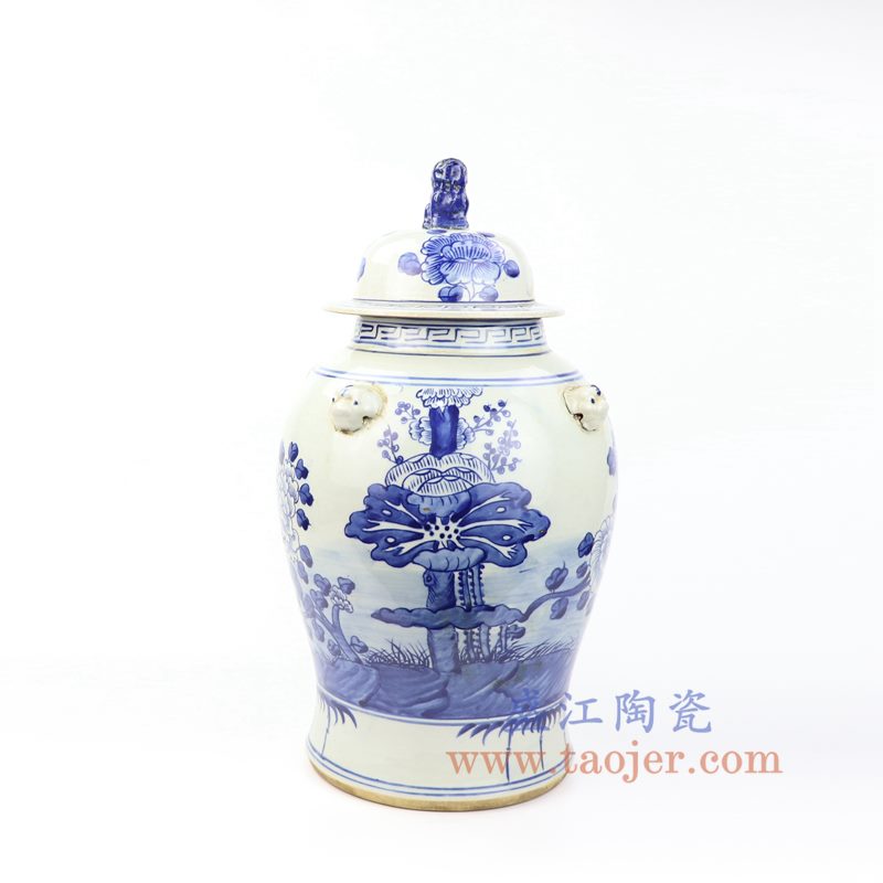 上图:RZMV31 盛江陶瓷 仿古手工手绘 青花 荷花狮子头将军罐 盖罐 储物罐