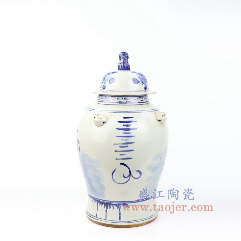 上图：RZMV31 盛江陶瓷 仿古手工手绘 青花 荷花狮子头将军罐 盖罐 储物罐