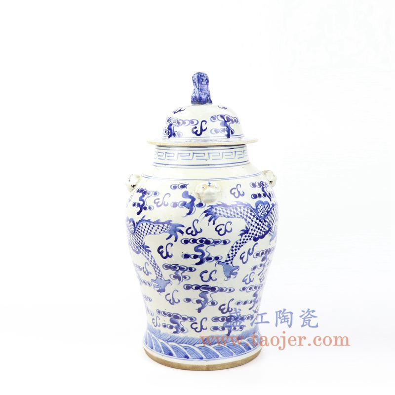 上图:RZMV32 盛江陶瓷 仿古手工手绘 青花 龙纹狮子头将军罐 盖罐 储物罐