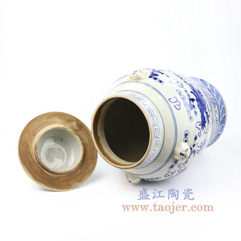 上图:RZMV32 盛江陶瓷 仿古手工手绘 青花 龙纹狮子头将军罐 盖罐 储物罐