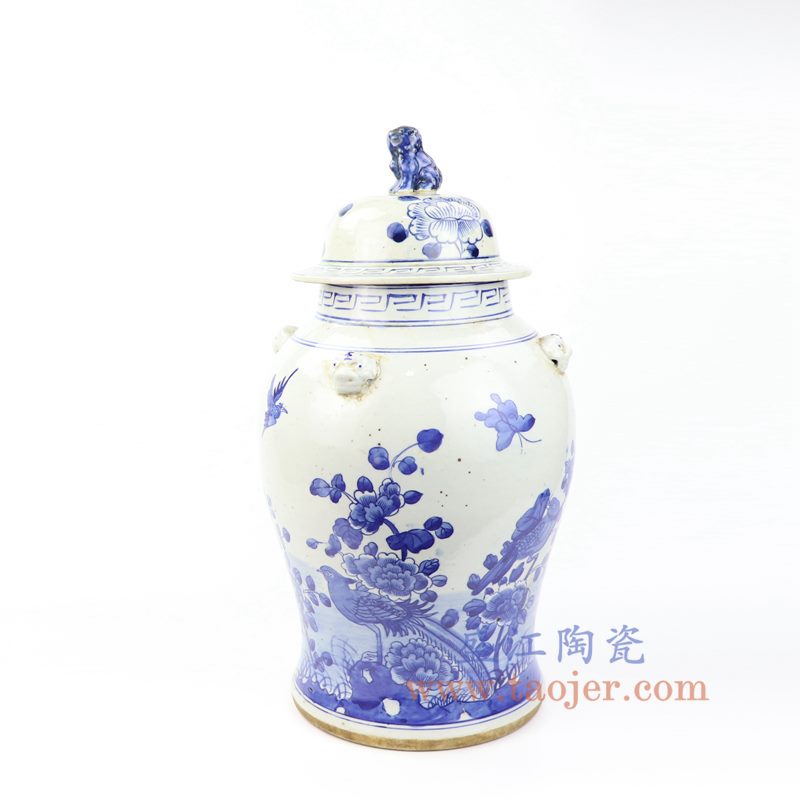 上图:RZMV33 盛江陶瓷 仿古手工手绘 青花 花鸟狮子头将军罐 盖罐 储物罐