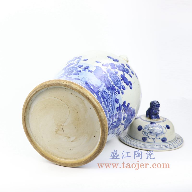 上图：RZMV33 盛江陶瓷 仿古手工手绘 青花 花鸟狮子头将军罐 盖罐 储物罐