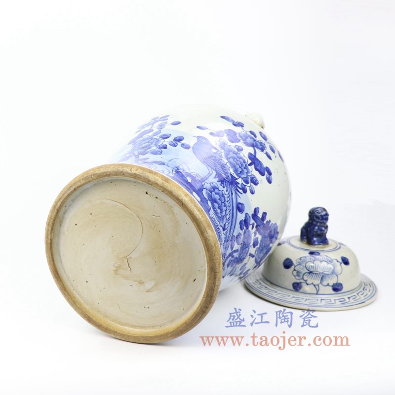 上图:RZMV33 盛江陶瓷 仿古手工手绘 青花 花鸟狮子头将军罐 盖罐 储物罐