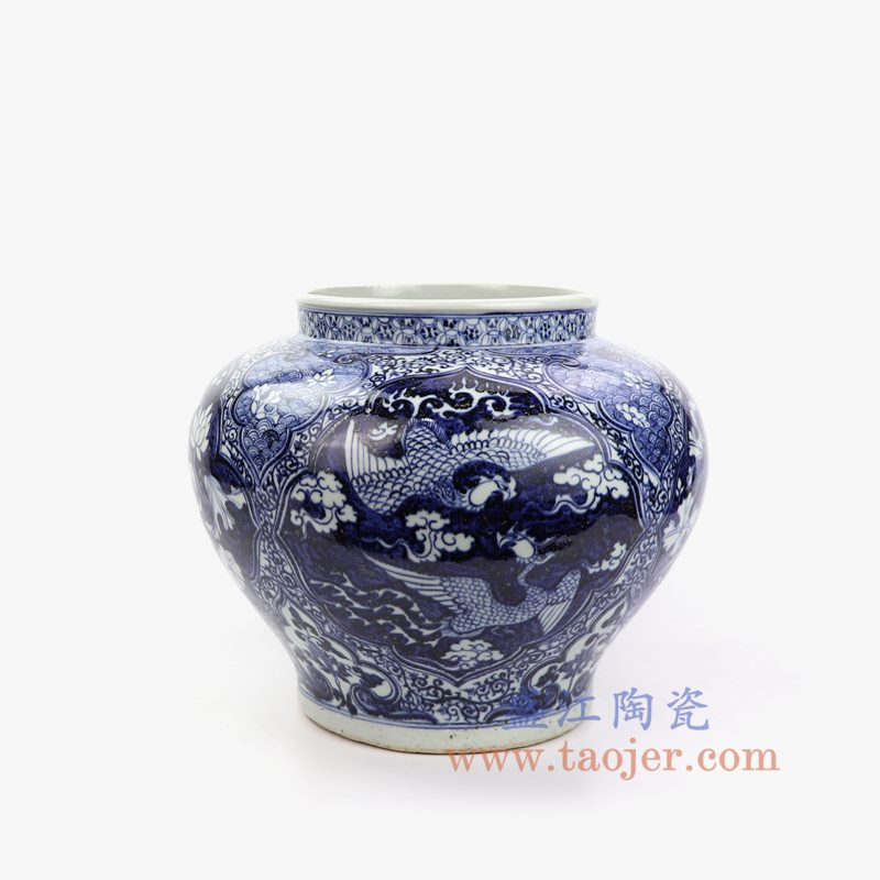 上图:RZNI17 盛江陶瓷 仿古元青花手绘开窗双鹤荷花陶瓷罐