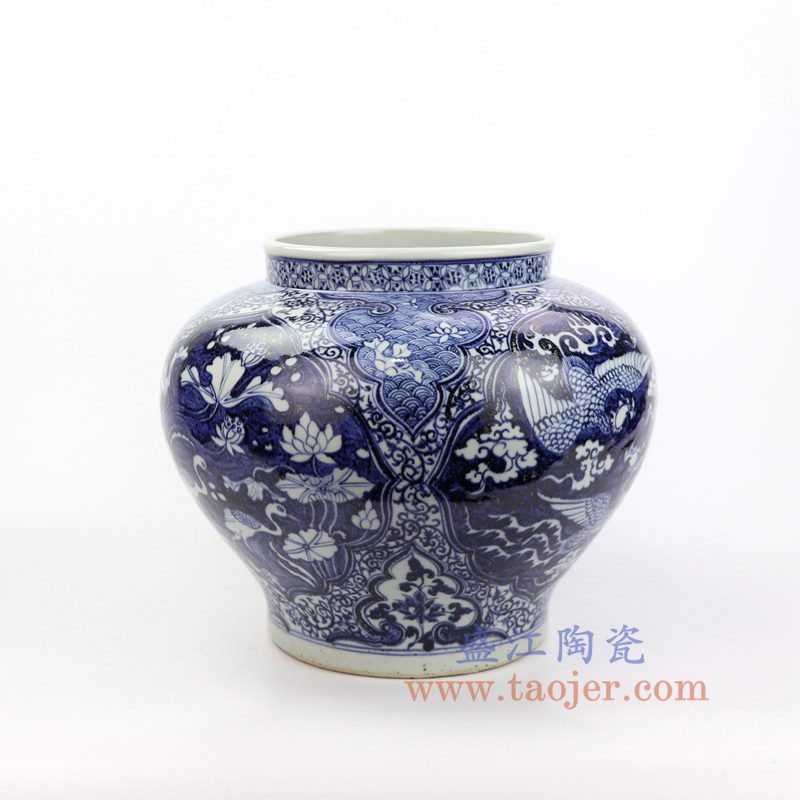 上图:RZNI17 盛江陶瓷 仿古元青花手绘开窗双鹤荷花陶瓷罐